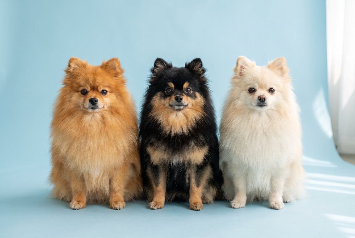 Tres Pomerania, naranja, negro y fuego, y crema, sentados uno al lado del otro