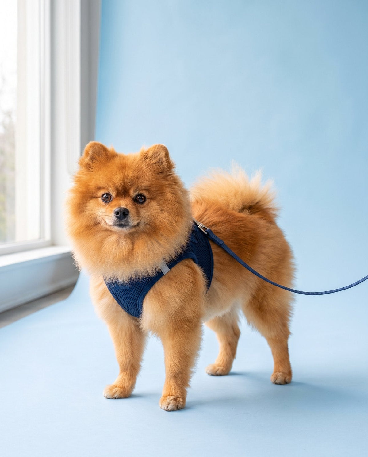 Pomerania naranja con un arnés tipo chaleco y su correa